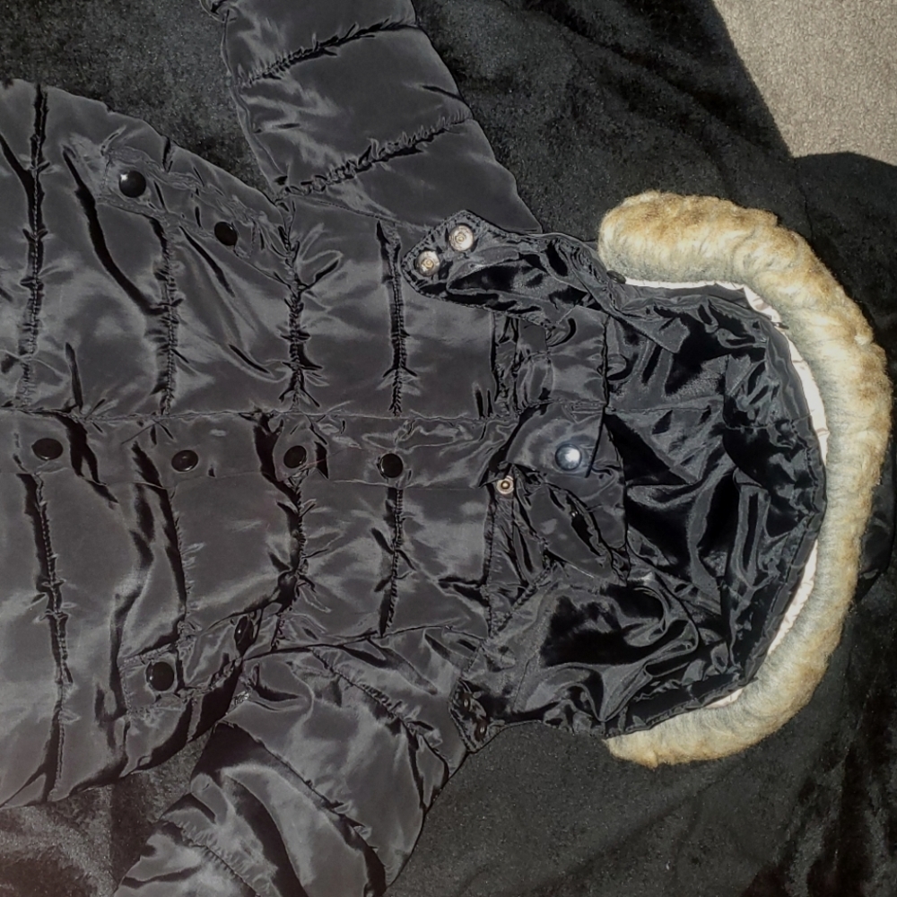 Black JP Winter Puff Coat for Toddler Girls with Light Brown Faux Fur Hood; 2T